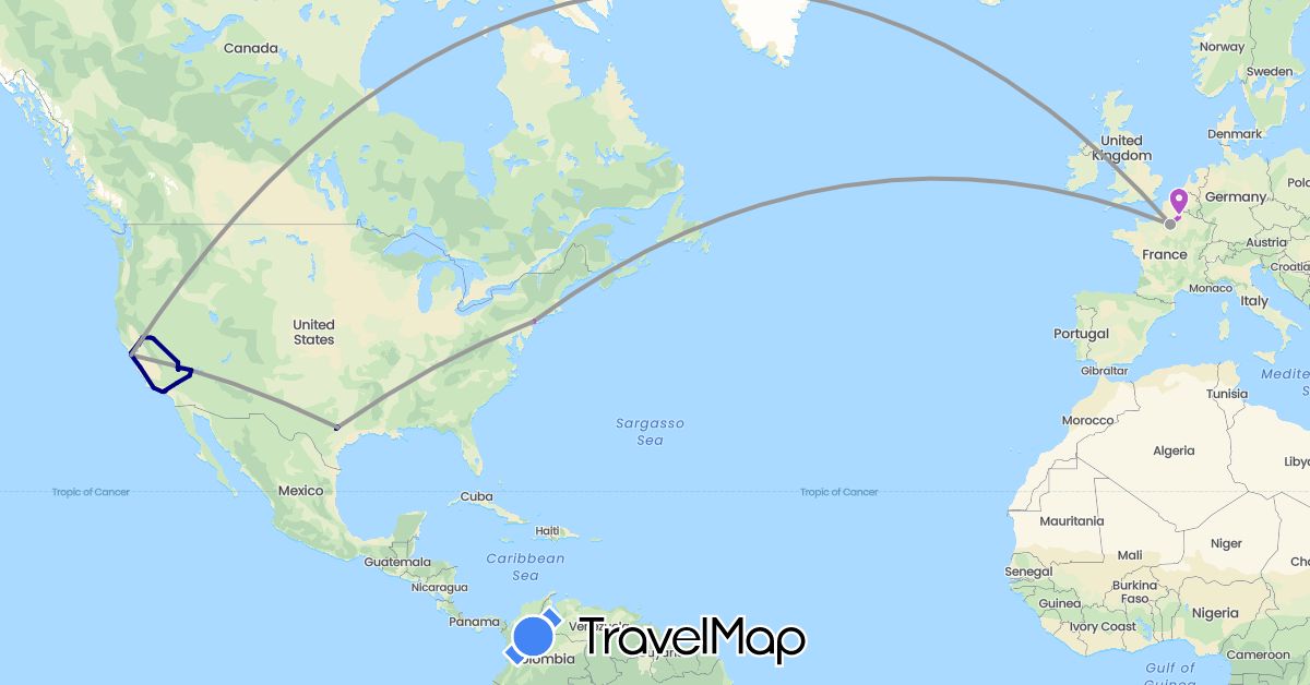 TravelMap itinerary: driving, plane, train, hiking, boat in France, United States (Europe, North America)